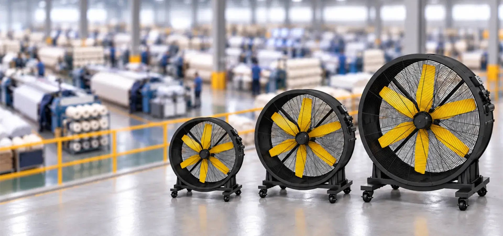 Sky Air Cooler S130, S150 and S200 mobile HVLS fans on a mill floor