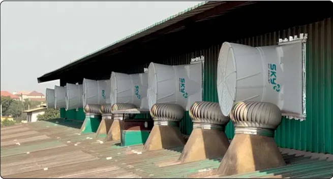 Sky Air Cooler industrial exhaust fan installation at a garment and textile industries site